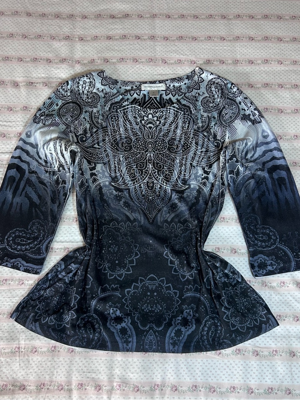 Christopher & Banks Black and Gray Paisley-Print Peplum Tunic